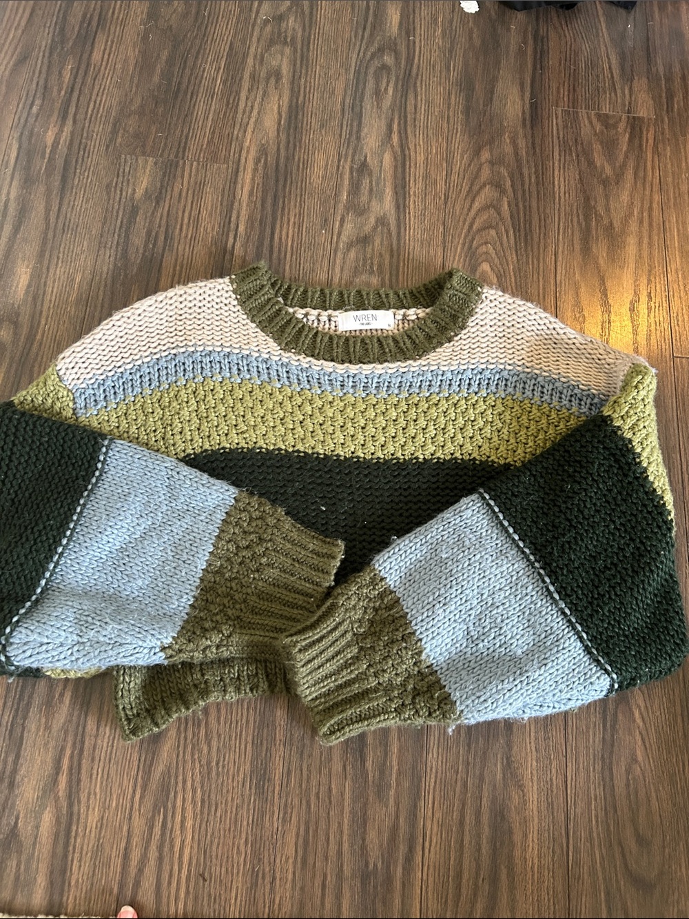 Wren Colorblock Crewneck Sweater in Olive, Dark Green & Sky Blue